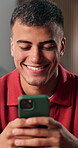Reading, laughing and man with phone in home, funny online conversation and internet meme for texting. Message app, social media and happy person with mobile for comedy video, browsing and connection