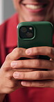 Reading, hands and man with phone in home, online communication and browsing internet meme for texting. Message app, social media and happy person with mobile for research, connection and networking