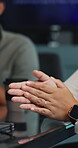 Applause, success and hands of business people in office for celebration, account profit and meeting. Portfolio bonus, funding approval and promotion with employees in agency for team congratulations