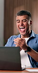 Happy man, winning or good news with laptop in office for achievement, promotion or bonus. Excited, male person or applause with smile for business success, accomplishment or celebration in workplace
