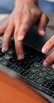 Remote work, keyboard or hands in house with laptop, draft edit or source feedback for article. WFH, male person or journalist with tech, blog fact check or industry research for publication.