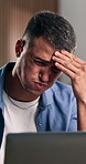 Frustrated, man and laptop with headache in office for stress, mistake or overworked pressure. Tired, businessman or migraine with computer for project deadline, fatigue or strain in workplace
