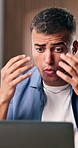 Frustrated, reading or man with laptop for remote work,  deadline stress or webpage crash for lost report. Angry, system glitch or freelancer with pc for project planning, missing proposal or home