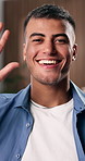 Wave, face and businessman on video call with paperwork for interview, POV and job screening. CV, recruiter and virtual meeting in office to assess candidate, verify qualifications and hiring process