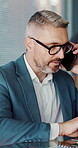 Phone call, talk and business man in office for account manager, contact or research. Trader feedback, communication and online advisor with mature employee in agency for investor chat and network