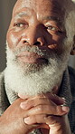 Mature, man and thinking in home with peace, remember memories and vision for future on weekend break. Calm, black person and reflection in house with daydream, wonder and nostalgia for past history.