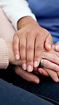 Empathy, nurse or old person in house with holding hands, understanding or comfort in assisted living. Compassion, caregiver or senior woman in home with support, sympathy or trust in retirement care