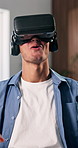 Virtual reality, man and shocked in house with internet connection, wow and gaming online. Male person, surprise and 3d interaction with metaverse, vr glasses and futuristic or ai experience in home