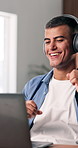 Happy man, headphones and dancing with laptop in home for music, winning or good news. Excited, male person or vibe with smile on computer for audio streaming, sound app or song playlist in house