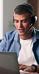 Businessman, laptop and talking with headset for online advice or customer service in office. Man, consultant or agent speaking with mic on computer for communication, help or virtual assistance