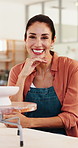 Happy woman, face and pottery with ceramic art for small business admiration or creative learning. Portrait, female person or artist with smile, bowl or crockery for handmade sculpture or artwork