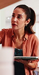 Woman, tablet and check pottery in workshop with inspection, quality assurance and review for store. Mature, person and inventory management in small business with tech, clay and ceramic evaluation.