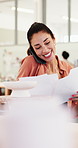 Happy woman, phone call and documents at workshop for pottery with talk, invoice and order material. Person, small business owner and contact with admin, supplier and checklist at creative studio