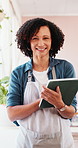 Woman, face and tablet with pottery at workshop, happy or typing with checklist at small business. Mature person, smile and portrait with confidence, creative and application at studio in Brazil