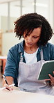 Woman, tablet and series at workshop with pottery for stock, inventory management pr review at job. Mature person, laptop and creativity with phone screen, manufacturing and report at small business