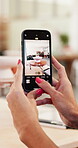 Hands, woman and phone screen for photography of pottery craft, social media post and artwork. Female person, mobile and photo of ceramic bowl, profile picture update and capture sculpture for blog