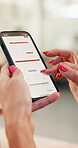 Hands, invoice and phone screen with store owner in small business boutique for administration or sales. Bill, display and scrolling with person in studio startup for checking, feedback or review
