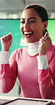 Design, fist pump and laptop with excited woman in office for achievement, celebration or success. Clapping, computer and surprise with happy employee in workplace for goals, target or victory