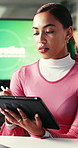 Writing, reading or woman with tablet in office, company sustainability project or regulations email. Planning, policy newsletter or employee with research for green business initiative, tech or info