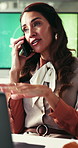 Woman, happy and phone call with laptop at office for climate consulting, insight or solution for sustainability. Mature person, agent or advisor with smile, talk or advice for eco friendly business