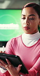 Writing, reading or woman with tablet in agency, company sustainability project or regulations email. Planning, policy newsletter or employee with research for green business initiative, tech or info