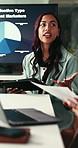 Document, tablet and woman with pitch in meeting, explain internet trend and web traffic growth idea. Marketing plan, campaign proposal or people with tech for brand awareness, smile or review stats