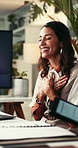 Laptop, woman and gratitude with applause in meeting for award, success or achievement praise. Clapping, team or excited mature person in office for career recognition, promotion email or celebration
