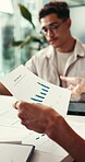 Paper, hands or people with discussion in creative agency, ads revenue data or money generation stats. Marketing, campaign income info or team with graphs for planning, performance review or talking