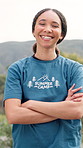 Summer camp, volunteer and face of woman in nature with confidence, crossed arms and pride. Forest, happy and portrait of counselor with smile for outdoor program, youth facility and survival skills