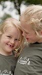 Face, children and happy at summer camp for bonding together, positive growth and friendship. Friends, kids and embrace with laughing on campground for social development, holiday program and support