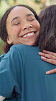 Summer camp, volunteer and women hug in nature for teamwork, collaboration and support. Forest, friends and happy counselor with embrace for help with outdoor program, youth facility and adventure
