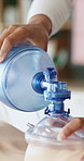 Hands, training and person with pump for oxygen or demonstration with mannequin. Teaching, instructor or help in emergency, dummy for lesson or first aid with medical service, ventilator or process