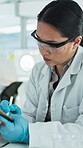 Clipboard, research and science with woman in laboratory for development, medical or writing. Checklist, goggles and paperwork with scientist at desk for clinical trial, notes or study results