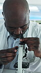 Science, test or black person in lab with microscope, investigation or sample check in experiment. Study, cell analysis or scientist with equipment, medical research or inspection in clinical trial.
