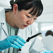 Woman, scientist and magnifying glass with sample in lab for research ...
