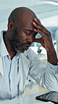 Science, stress or man with headache in lab, medical trial fail or cure deadline pressure for burnout. Tablet, experiment mistake or scientist with migraine for pharma research, frustrated or breathe
