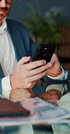 Phone, typing and hands of business man in office for account manager, contact and research. Trader feedback, communication and online advisor with employee in agency for investor chat and network