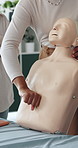 Hands, presentation and rescue with mannequin for cpr, teaching and staff training at office. Person, coach and workshop with dummy, chest compression or explain with first aid for emergency response
