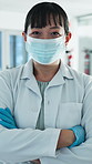 Asian woman, doctor and face mask with confidence in hospital for medical service or attention. Portrait, female person or healthcare worker with arms crossed or protection for health or wellness
