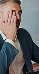 Stress, glasses and worry with business man in office for bankruptcy, debt notice and crisis. Mistake, problem solving and frustrated with mature person in agency for account error and anxiety