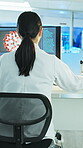 Computer screen, microscope and scientist with medical research in clinic, online and virus analysis. Lab, healthcare expert or person with tech for covid 19 cure, back and vaccine development on web