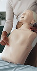 Hands, presentation and rescue with dummy for cpr, teaching and staff training at workplace. Person, coach and workshop with doll, chest compression or explain with first aid for emergency response