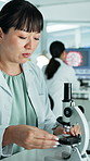 Scientist, microscope and woman with tablet in lab, sample analysis and observation for pathology research. Typing, tech and person with investigation for pharma study, virus notes and medical trial