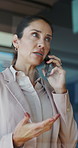 Business, woman and talking with phone call in office for debt review, market update or negotiation. Financial advisor, mature person or mobile contact for tax planning, explain policy or loan advice