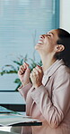 Fist pump, success and news with business woman in office for achievement, trader bonus and goal. Investor profit, promotion and celebration with mature employee in agency for goal, growth and winner
