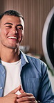 Happy man, influencer and live recording with ring light in home for online vlog or social media. Male person, vlogger or talking with smile for virtual chat, viral video or web introduction in house