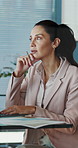 Laptop, thinking and research with business woman in office for trader report, vision and email. Online audit, account manager and reflection with mature person for opportunity and financial advisor