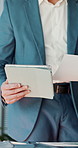 Hands, man or paper with tablet in office for reading income report, market trends or client email. Analyst, person and tech with documents for investment proposal, monitor performance and SEC filing