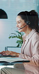Consultant, woman and headset with laptop in office for debt review, customer service and CRM. Financial advisor, mature agent and typing on tech for insurance claim, explain policy and loan advice