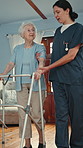 Balance, nurse and walker with old woman in retirement home for healing or recovery. Healthcare, physiotherapy and walking frame with caregiver of senior patient in session for rehabilitation